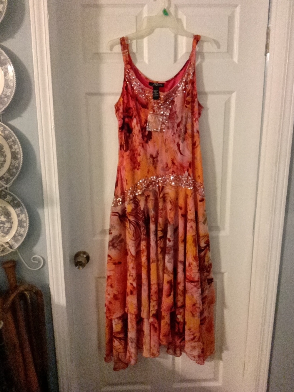 Midnight Velvet Beaded Floral Orange-Pink Maxi Dress